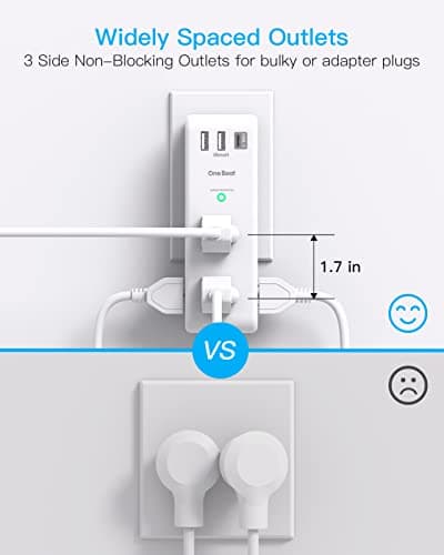 Surge Protector Outlet Extender with Rotating Plug - One Beat 6 AC Multi Plug Outlet with 3 USB Ports (1 USB C), 1800J Wall Charger, 3-Sided Power Strip Spaced Outlet Splitter for Home Office Travel - Image 6