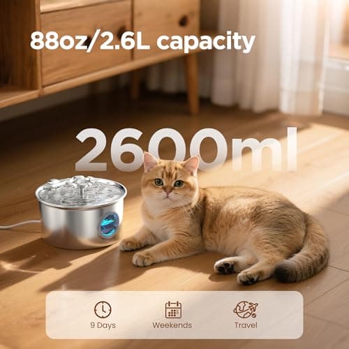 Stainless Steel Cat Water Fountain: 88oz/2.6L Ultra Quiet Pet Fountain with Flower Kitty Spout & LED Blue Light Water Dispenser with Water Level Window for Cats/Dogs Indoor (Silver) - IHOUONE - Image 2
