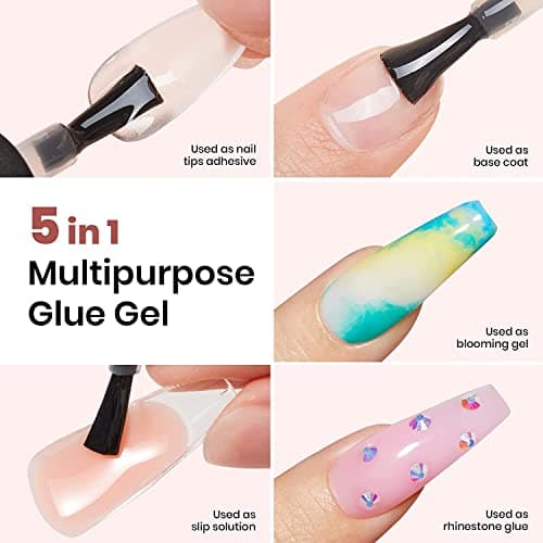 Beetles Gel Nail Glue and No Wipe Top Coat Kit, 2Pcs 15ml 5 In 1 UV Nail Glue for Acrylic Nail Tips Clear Press On Nails, Easy Nail Extension Gel, Soak Off LED Shine Finish DIY Home Manicure - Image 2