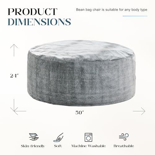 Hobestluk Bean Bag Chairs Giant Beanbag Chair with Filler, Memory Foam Bean Bags with Fluffy & Machine Washable Cover, Bean Bag Chairs for Aduts for Living Room, Bedroom (Grey, 5FT - 50” x 50” x 24”) - Image 2