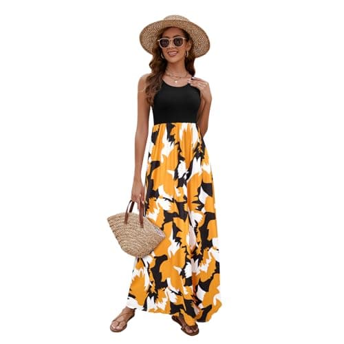 Sherosa Women's Summer Sleeveless Boho Maxi Dresses Chevron Striped Floral Print Casual Long Sundress(Black Brown Yellow,Medium) - Image 2