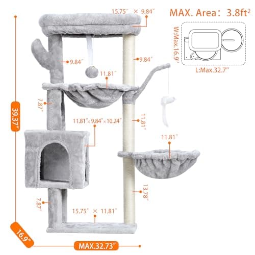 Heybly Cat Tree, 39.4 Inches Tower Condo with Scratching Post, Cat Tower for Indoor Cats, Fully Wrapped Sisal Pole, Soft Platform, 2 Baskets and Dangling Toy, Light Gray HCT006SW - Image 5