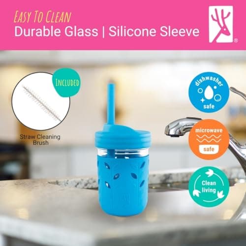 Elk and Friends Kids & Toddler Cups | The Original Glass Mason jars 8 oz with Silicone Straws with Stoppers | Smoothie Cups | Spill Proof Sippy Cups for Toddlers | 4 Pack - Image 6