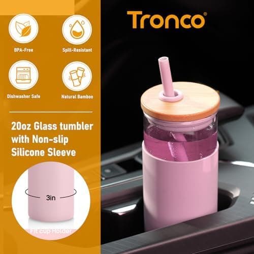 Tronco 20 oz Glass Tumbler with Lid and Straw, Iced Coffee Cup and Smoothie Cup with Bamboo Lids & Protective Silicone Sleeve, Dishwasher Safe, BPA-Free, Glass Cup 1 Pack Amber 20 Ounces - Image 3