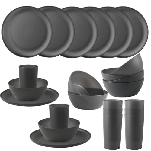 YARRGGU 24pcs Dinnerware Sets,Plastic Plates and Bowls Sets,Dishes Set for 8,Unbreakable Modern Dish Sets,Reusable Dinning Set,Dishware Sets for Kitchen,Party or Picnic, Dishwasher Safe,Black,BPA free