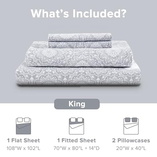 Comfort Spaces 100% Cotton Sheets King, Breathable, Naturally Cool Cotton Sheets, Soft Cotton Bed Sheets with 14" Elastic Pocket Fits up to 16" Mattress, All Seasons Sheet Set, Adelia Gray 4 Piece - Image 3