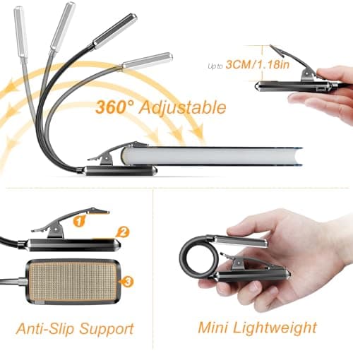 Gritin 9 LED Rechargeable Book Light for Reading in Bed - Eye Caring 3 Color Temperatures,Stepless Dimming Brightness,80 Hrs Runtime Small Lightweight Clip On Book Reading Light for Studying - Image 5