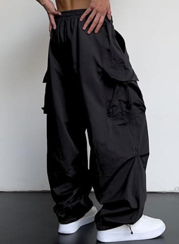 JMIERR Casual Lounge Baggy Sweatpants Parachute Pants for Men Fasion Loose Fit Wide Leg Rap Travel Pants with Drawstring High Waist Fall Essentials Outfits Retro 80s,XL,Black - Image 2