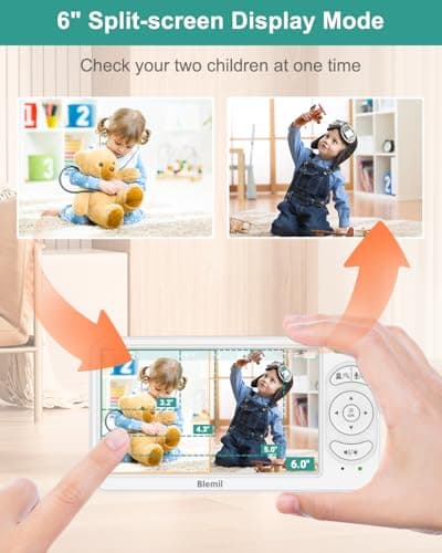Blemil 6" Baby Monitor with 2 Cameras 4000mAh Battery Upgrade Split Screen Video Baby Monitor No WiFi Remote Pan-Tilt-Zoom Auto-Night Vision 150 Languages ECO Mode 2-Way Talk 1000FT (Ideal Condition) - Image 2