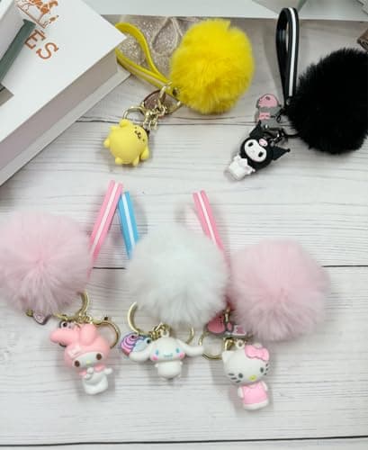 PaPiJoJo Cute Keychains for Women/Girls, Kawaii Pom Pom Fuzzy Key Chain Accessories Wristlet Cartoon Keychain for Backpack Car Keys (Pink208) - Image 7