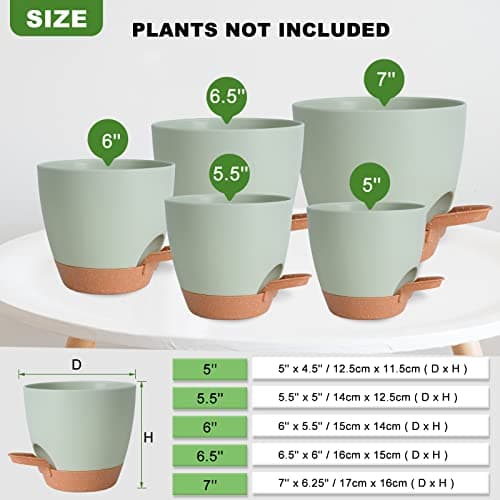 Vanslogreen Plant Pots Indoor 7/6.5/6/5.5/5 Inch Self Watering Planters for Indoor Plants with Drainage Hole, Plastic Flower Pots for Succulents, African Violet (Green) - Image 4