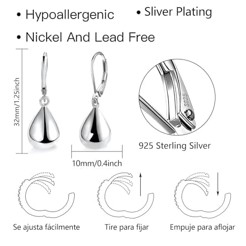 Sterling Silver Teardrop Earrings for Women Girls Silver Drop Leverback Dangle Earrings for Girls Hypoallergenic Leverback Drop Silver Earring - Image 4