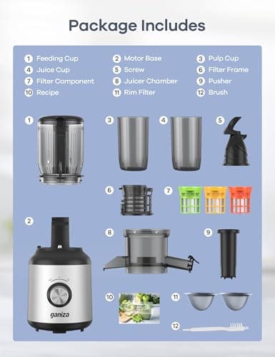 Ganiza Juicer Machines, Slow Masticating Juicers with Large Feed Chute for Whole Fruits & Vegetables, Cold Press Juicer with 3 Replace Filters for Batch Juicing, Easy to Clean, BPA Free(Silver) - Image 7