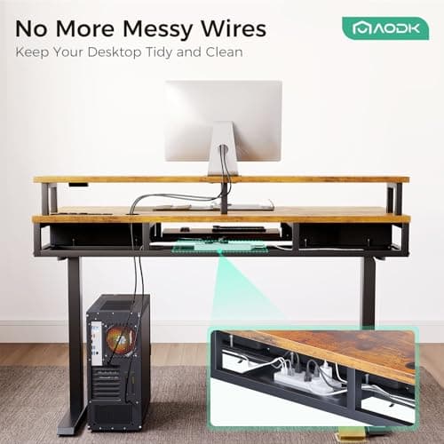 AODK Electric Standing Desk with Drawers & Keyboard Tray, 55 Inch Height Adjustable Gaming Desk with Power Outlets & LED Lights, Sit Stand Table with Monitor Stand for Home, Office, Rustic Brown - Image 9
