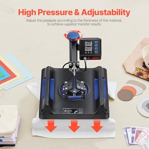 VEVOR 8 in 1 Heat Press Machine 15x15 Inch, 360° Swing Away Shirt Press Machine - Digital Professional Heat Transfer Tshirt Press Machine, Sublimation Heat Press for T Shirts Hat Cap Mug Plate Blue - Image 7