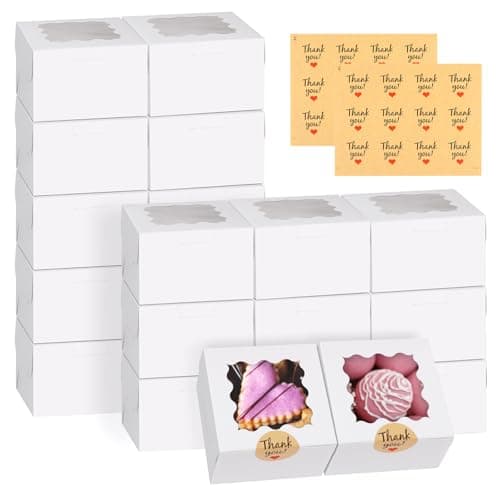 WINKIO 24pcs White Cookie Boxes, 4x4x2.5 Inches Bakery Boxes with Window, for Mini Cake Treat Dessert Pastry Donuts Macaroon Strawberries Chocolate Candy (with Stickers) - Image 8