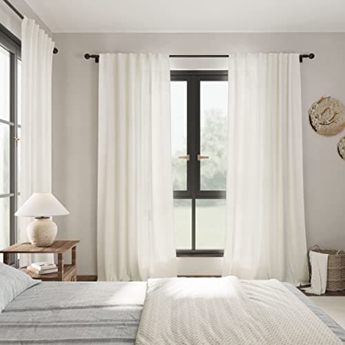 Cream Linen Back Tab Curtains 84 Inch Length for Living Room 2 Panel Set Neutral Modern Farmhouse Window Privacy Semi Sheer Linen Drapes Rustic Pinch Pleated Look Curtain Natural Ivory Colored - Image 7