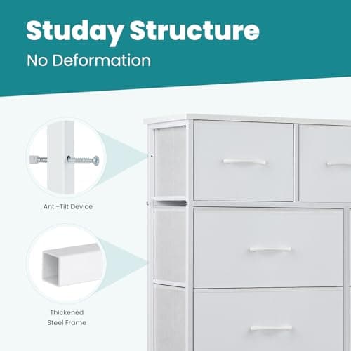 OLIXIS Dresser for Bedroom, 9 Storage Drawers, Wide Fabric Closet Chests Organizer Tower Furniture, TV Stand with Wooden Top Metal Frame for Clothes, Living Room, Hallway, Entryway, Classic White - Image 7