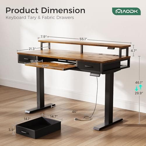AODK Electric Standing Desk with Drawers & Keyboard Tray, 55 Inch Height Adjustable Gaming Desk with Power Outlets & LED Lights, Sit Stand Table with Monitor Stand for Home, Office, Rustic Brown - Image 3