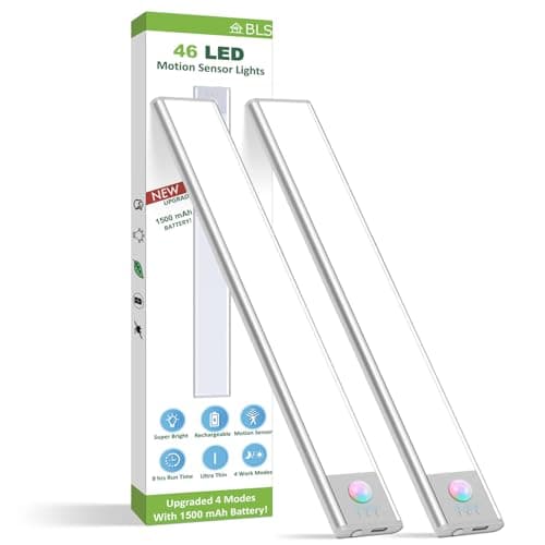BLS Under Cabinet Lights, 46 LED lights Battery Operated Motion Sensor Light Indoor, USB C Rechargeable Closet Lights Motion Sensored, 1500mah Wireless Magnetic Light for Kitchen Night Stairs (2 Pack)