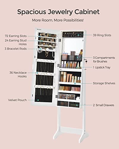 SONGMICS Mirror Jewelry Cabinet Standing Armoire Organizer, Jewelry Storage with Full-Length Frameless LED Lights, Built-in Makeup Mirror, 2 Drawers, Lockable, White UJJC023W01 - Image 5