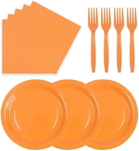 Amazon.com: 75Pcs Orange Paper Plates and Napkins for Fall Birthday | 7inch Party Supplies Set Disposable Party Supplies Includes Paates Napkins Forks Decorations for Pumpkin,Birthday,Halloween : Health & Household - Image 2