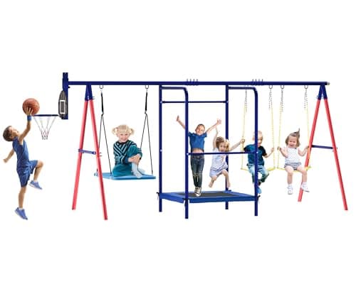 Swing Sets for Backyard, 5-in-1 Toddler Swing Set Outdoor for Backyard for Kids 3-12, Heavy Duty Extra Large Kids Metal Swing Set with 3 Swings Trampoline Basketball Hoop - Image 9