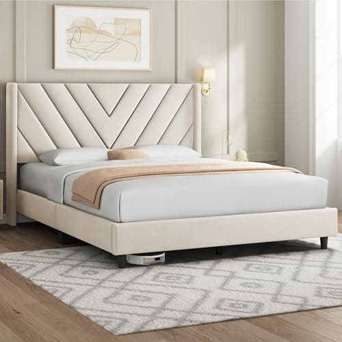 Yaheetech Queen Bed Frame Upholstered Platform Bed with Wing Side/Wooden Slat Support/Tufted Headboard with Wing Side/Mattress Foundation/No Box Spring Needed,Beige Queen Bed - Image 3
