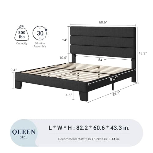 Allewie Queen Size Platform Bed Frame with Fabric Upholstered Headboard and Wooden Slats Support, Fully Upholstered Mattress Foundation/No Box Spring Needed/Easy Assembly, Dark Grey - Image 2