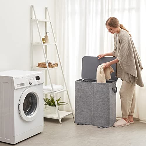Lifewit Double Laundry Hamper with Lid and Removable Laundry Bags, Large Collapsible 2 Dividers Dirty Clothes Basket with Handles for Bedroom, Laundry Room, Closet, Bathroom, College, 136L Grey - Image 7