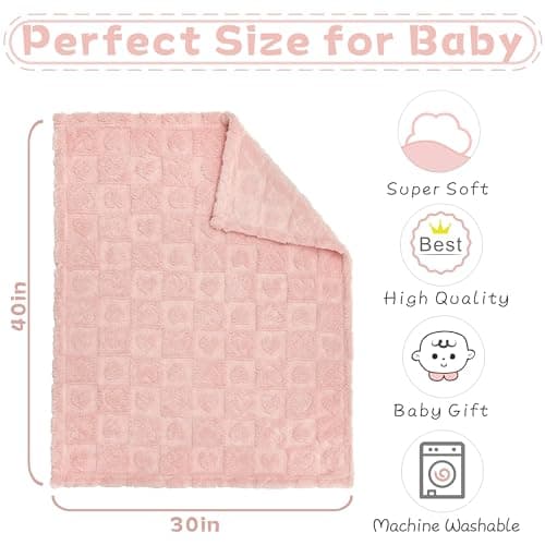 Yurhap Fleece Baby Blanket Heart Checkered Blanket, Ultra Soft Cozy Baby Blankets for Girls Boys, Fluffy Infant Toddler Newborn Receiving Blankets for Crib Stroller 30”×40” (Light Pink) - Image 6