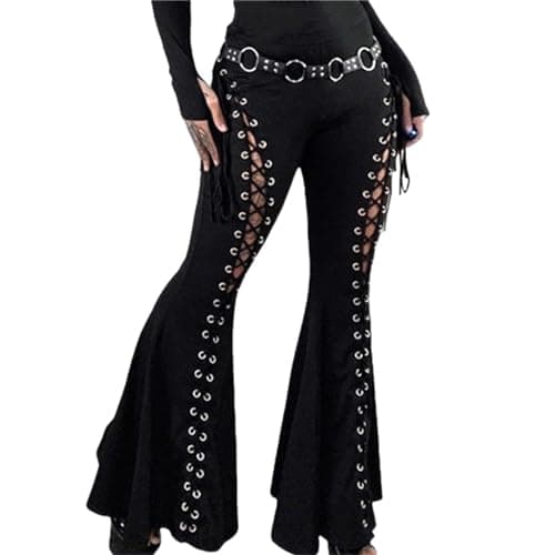 Insgoth Y2k Bell Bottom Pants for Woman Gothic Black Lace-Up Cutout Stretch Punk - Image 7