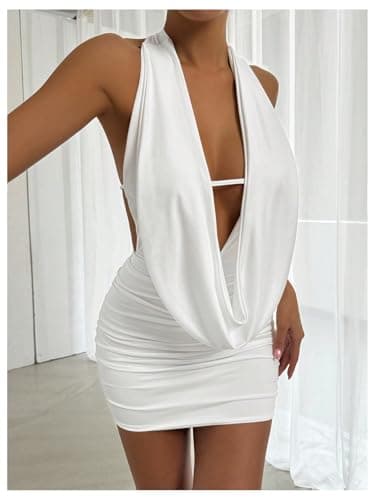 SOLY HUX Women's Sexy Deep V Neck Halter Bodycon Mini Dress Sleeveless Party Club Dresses Pure White Medium - Image 3