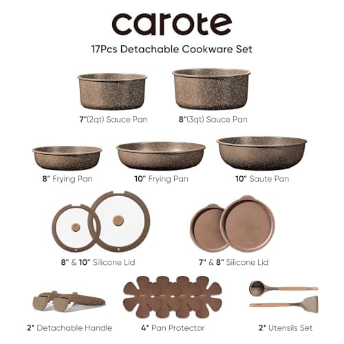 CAROTE 17PCS Pots and Pans Set Non Stick with Detachable Handle, Nonstick Cookware Sets, Cooking Kitchen Set, Oven/Dishwasher Safe, Induction Cookware, Brown, RV Kitchen Pot and Pan - Image 2