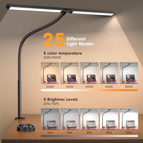 Led Desk Lamp for Office Home - Eye Caring Architect lamp with Clamp,Dual Screen Computer Monitor Gooseneck Smart Light: 24W 5 Color Flexible Adjustable Lighting Table Lamp for Study Drafting - Image 3