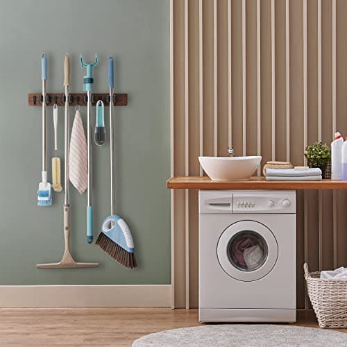 OUTNILI Mop and Broom Holder Wall Mount - Rustic Wood Broom Mop Hanger - Wall Mounted Garden Tool Rack Organizer for Closet Garage Laundry Room Kitchen Decor With 4 Slots & 4 Hooks - Image 5