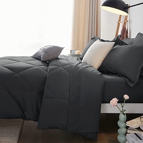 CozyLux Queen Comforter Set Dark Grey - Bed in a Bag Queen Size 7 Pieces, Luxury Soft Bed Set for All Seasons, Bedding Set with Down Alternative Comforter, Sheets, Pillowcases & Shams - Image 4