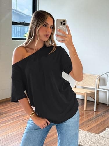 Trendy Queen Womens Off The Shoulder Tops Oversized T-Shirts Short Sleeve Tees Summer 2025 Casual Spring Fashion Clothes Black M - Image 5