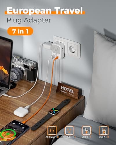 European Travel Plug Adapter USB C, TESSAN International Plug Adapter with 4 AC Outlets 3 USB Charging Ports, Type C Europe Power Adaptor for US to EU France Germany Iceland Spain Italy - Image 4