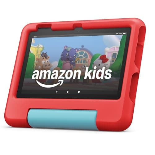 Amazon Fire 7 Kids tablet (newest model) ages 3-7. Top-selling 7" kids tablet on Amazon. Includes ad-free and exclusive content, easy parental controls, 10-hr battery, 16 GB, Red