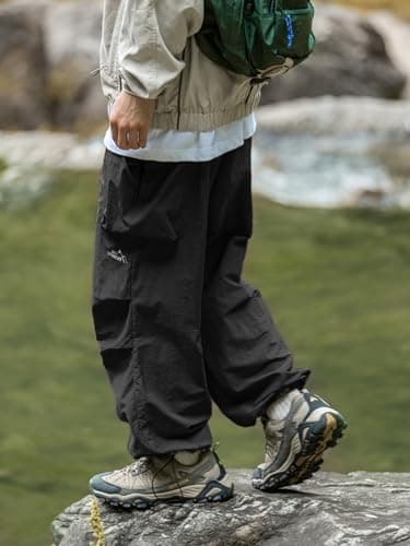 Mens's Baggy Cargo Pants Casual Parachute Pants Loose Fit Hip Hop Harme Lightweight Water Resistant Pants with Pockets Black - Image 5
