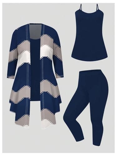 SOLY HUX Women's Plus Size 3 Piece Yoga Outfits Color Block Print Cardigan and Cami Tops with Pants Activewear Set Multi Geometric 2XL - Image 3