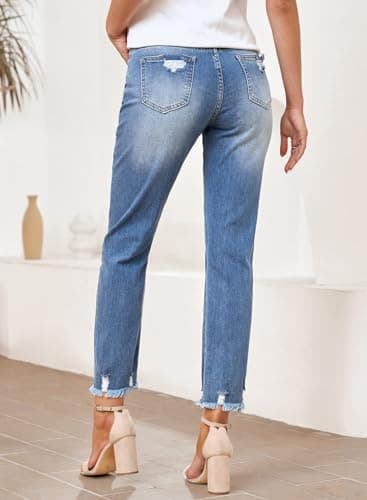 EVALESS Womens Jeans Stretchy High Waisted Pull On Ripped Distressed Jean Tummy Control Straight Ankle Denim Pants Sky Blue Size 8 - Image 4