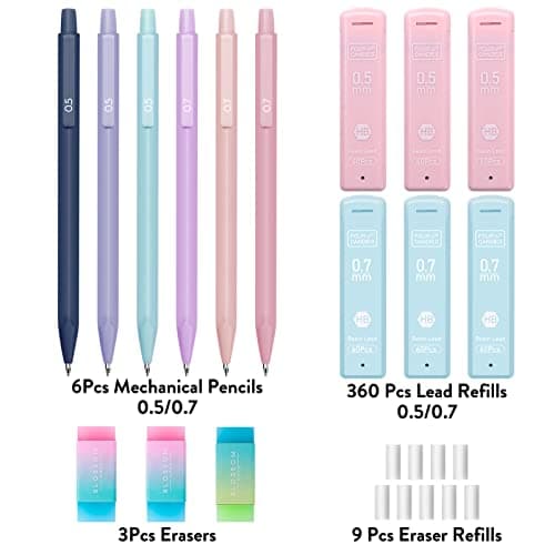 Four Candies Cute Mechanical Pencil Set, 6PCS Pastel Mechanical Pencils 0.5 & 0.7mm with 360PCS HB Leads, 3PCS Erasers and 9PCS Eraser Refills, Aesthetic School Supplies for Girls Writing - Image 6