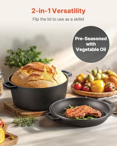 VEVOR Cast Iron Dutch Oven, 2-in-1 Pre-Seasoned Pot with Skillet Lid, 5QT Cookware Pan with Proofing Basket, Bread Baking Accessories, Bread-Oven Compatible 500℉ - Image 4