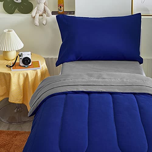 4 Pieces Toddler Bedding Set Ultra Soft and Breathable Toddler Comforter Sheet Set for Autumu and Winter- Includes Warm Comforter, Flat Sheet, Fitted Sheet and Pillowcase - Royal Blue & Gray - Image 5