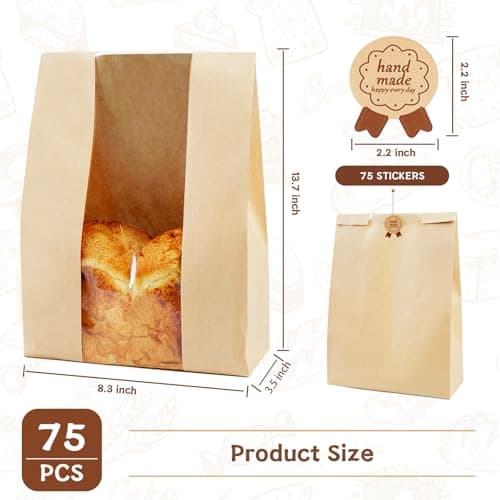 100 Pack Large 14x8.3x3.5in Bread Bags for Homemade Bread, Kraft Paper Bakery Bags with Clear Window & Tin Tie Lock, Thicker Cookie & Snack Storage Bags, Includes 100 Sealing Stickers - Image 2