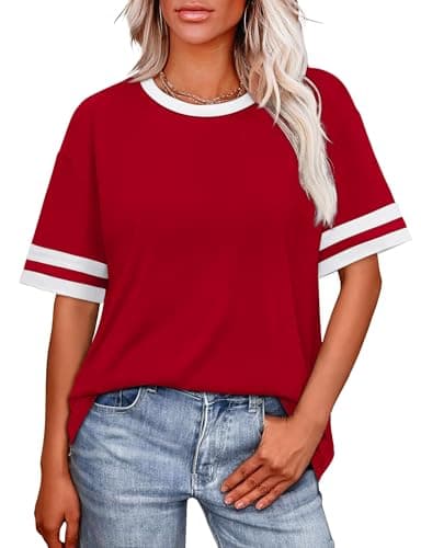 WIHOLL Plus Size Tops for Women T Shirts Crew Neck Summer Sports Style Color Block Sleeve Tee Plain Clothes Spring Outfits for Women Tops School Outfits for Teachers 2025 Deep Red 2XL - Image 2