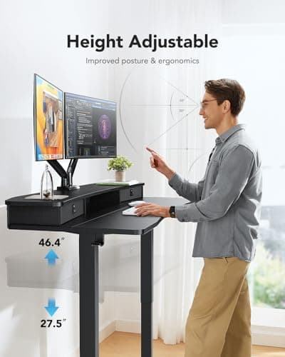 HUANUO 48″ x 24″ Electric Standing Desk with 2 Drawers, C-Clamp Mount Compatible, Height Adjustable Computer Desk, Home Office Stand Up Desk with 4 Preset Heights & 2 Hooks, Black - Image 5