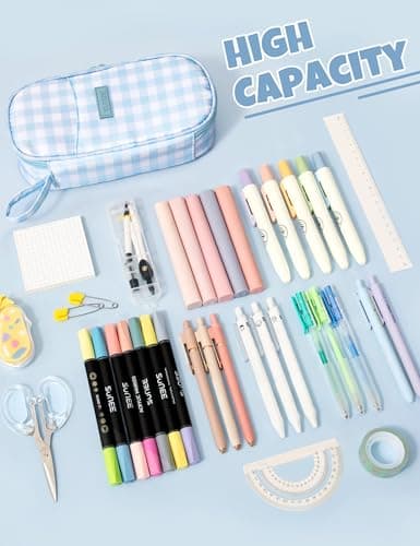 SUNEE Cute Pencil Case, Aesthetic Pen Pouch, Colored Large Pencil Bag with Zipper, Kawaii Stationery Storage and Organizer, School Supplies for Teen and Adult Girls, Blue Checkered - Image 2